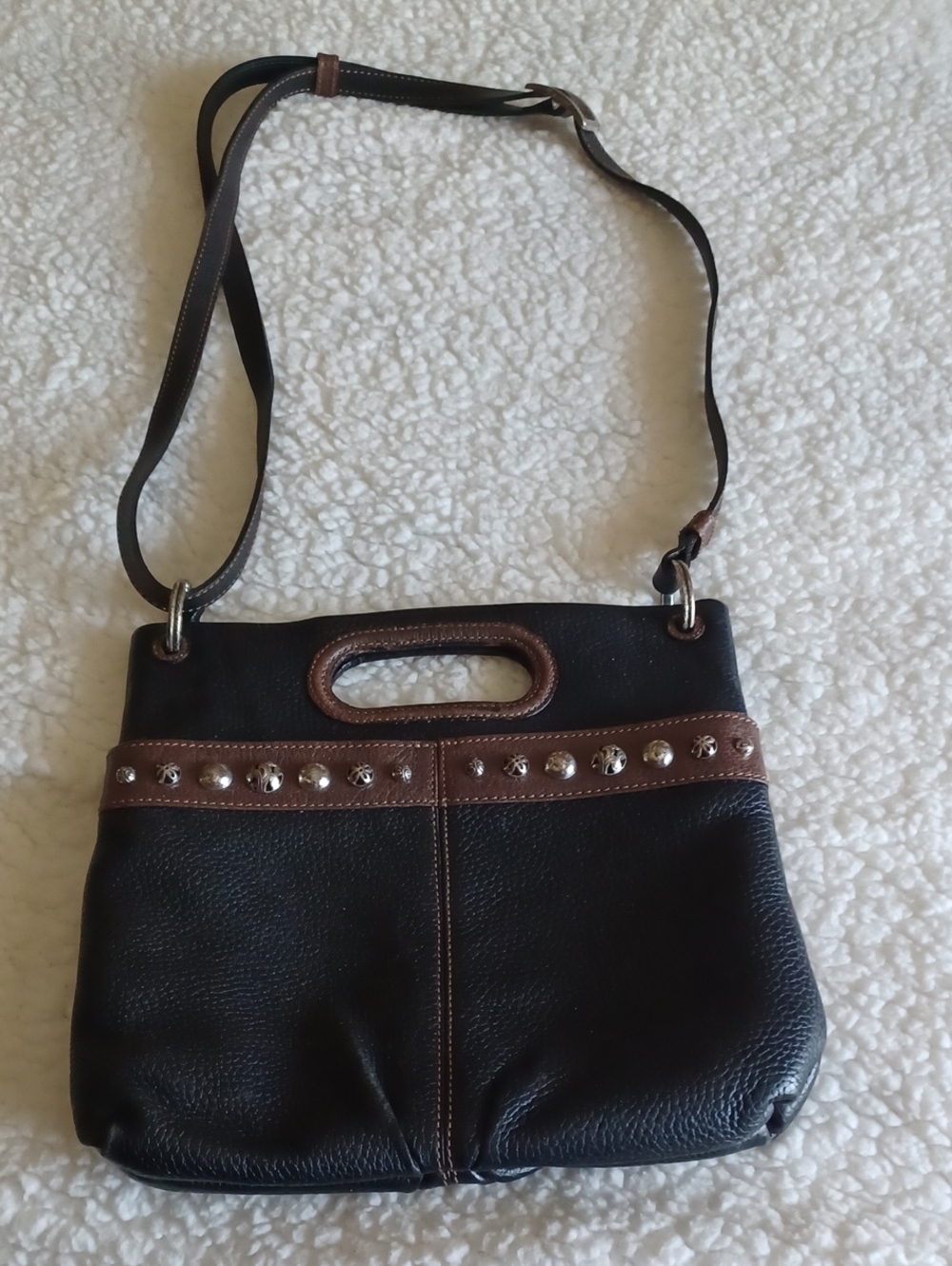 Brighton Black Leather Shoulder Bag with Brown Trim and Studs